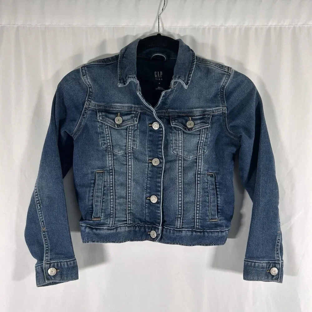 Gap Jean Jacket Girls Kids Medium Medium Wash Denim Snap Pockets Long Sleeve